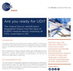 Leaflet: Overview of UDI Requirements in GS1 terms including product identification, barcode symbols and electronic data sharing.